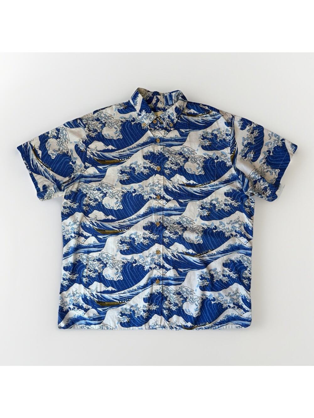 Yiume Shirt XL Blue Great Wave Cotton Short Sleeve Button Up Hawaiian Art